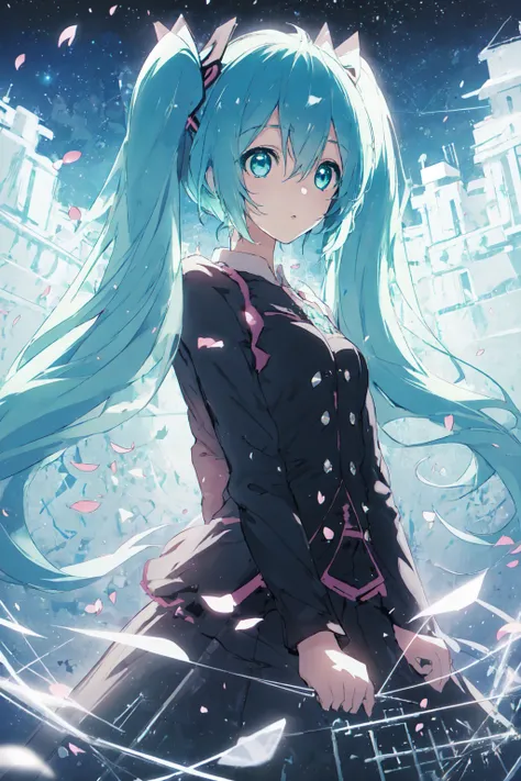 1girl,best quality,masterpiece,anime,hatsune_miku,twintails,starry sky,aqua eyes,(arms behind back),upper body , cyan hair, pretty details, vocaloid , beautiful, pretty background details: like broken glass, like petals, clean,  line art 