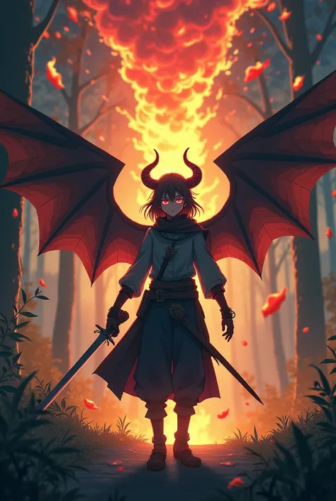 Anime style: Middle Ages, about 20 years old, with tiny horns, is, sharp claws, is an iron sword, make forest. Avec deux moyen ailes de demon dans le dos est  en arrière-plan une tornade de feu et des flèches de pierre