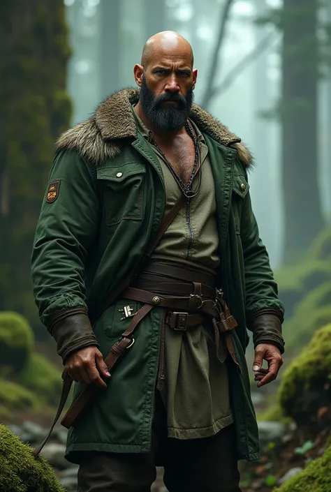 a man wearing a green jacket in a forest, vin diesel, hero, epic fantasy medieval fantasy character, portrait of finn the wild man, dwayne johnson as harry potter, dominic toretto, fantasy character photo, ronaldo nazario, profile photo, grand fantasy d&d ...