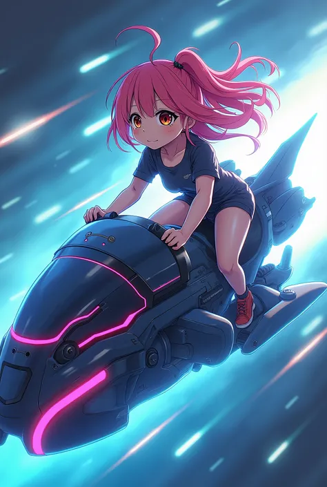 Anime illustration of a girl riding a high-speed futuristic machine. The machine has a complex shape and glows with neon lights. Time machine. hologram. motion blur. girl. masterpiece, best quality, extremely detailed CG unity 8k wallpaper,