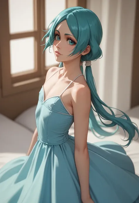 Orihime Inoue (Bleach) with long turquoise hair tied in two low pigtails and large turquoise eyes. Loli flat chest. White pale light skin. She wears a blue dress.