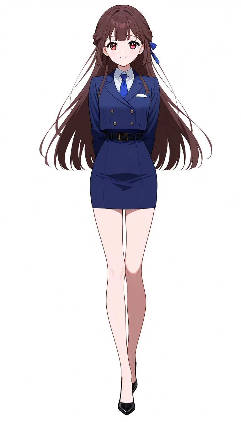 
masterpiece、 top quality、Good quality、Love Minami、1 Girl、solo、 long hair on background、Brown Hair、 red eyes、bangs、smile、 full body style that reflects your whole body、Normal milk、 narrow waist 、Bare legs、 in a suit、 navy blue jacket , collared shirt 、 whi...