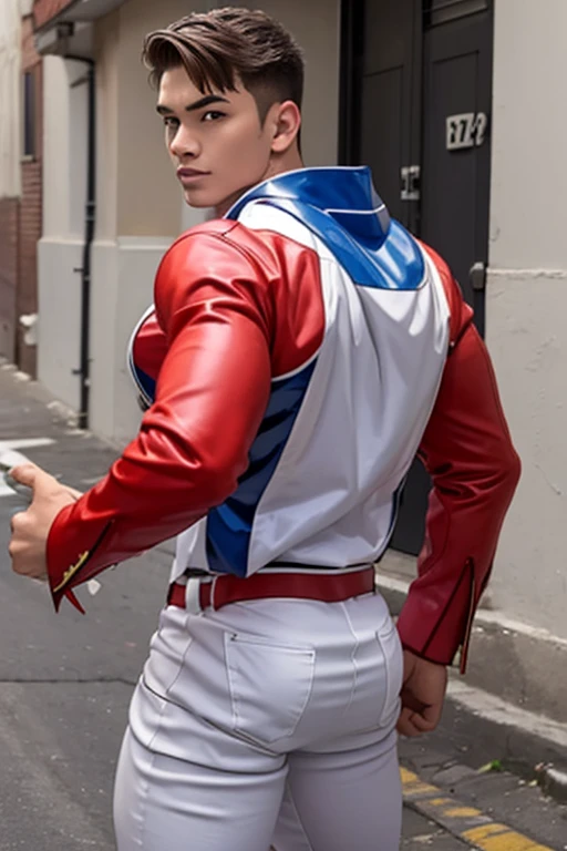 (    top quality ), (Overall view)  Back Alley,   shiny Power Rangers costume, 18 years old,  toned and muscular ,  cool and handsome face ,, Big Breasts , The crotch is swollen、Having an erection、 sensual vibe 