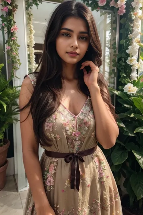 Beautiful ,23 years young girl,confident looking,8k,realistic,dark brown hair,fair skin, indian,long hair,clear facial features, wearing beautiful dress and flowers 🌷🌹and hairs on face make it seductive effect