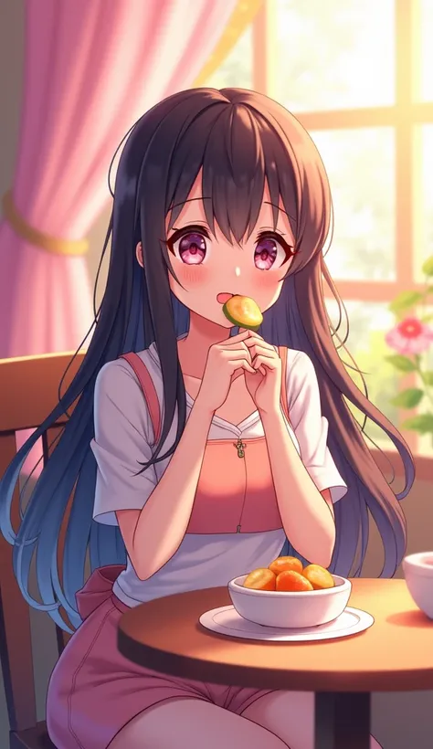 An anime-style young and beautiful woman with long flowing hair, enjoying a light snack with a joyful expression. She is dressed in a cute, casual outfit, sitting comfortably at a small table. The snack could be a bowl of fresh fruit or a delicate pastry, ...