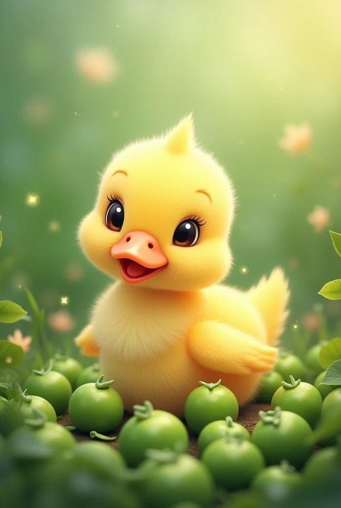 Create an image of a baby duck with peas 