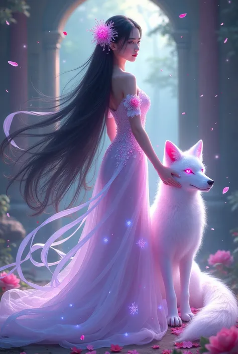 Beautiful Asian woman, 18 years .
A mesmerizing fantasy scene featuring a beautiful young woman with long, flowing dark hair adorned with intricate floral ornaments. She wears a stunning, translucent, and elegant gown with glowing pink and purple accents. ...