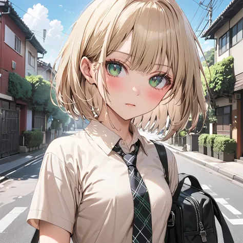  1 high school girl、(green eyes:1.5),(glaring:1.5)、(blush:1.5),(beige short hair :1.5)、( bob cut :1.5),( small breasts:1.1)、(Black blazer:1.1)、(Regular necktie:1.1)、( black plaid mini skirt:1.1),(school bag),Residential Street,front、blue sky, cowboy shot:1...