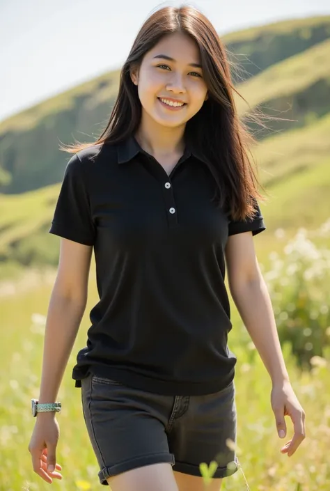 Asian woman walking on a grassland on a hillside, long black hair flowing in the wind, laughing at the viewer, bright sunlight, wearing a black polo shirt, black shorts, high dynamic range, bright and rich details, clear shadows and highlights, realistic, ...