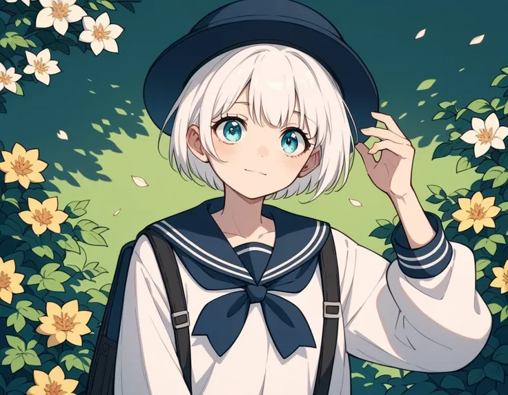  white hair shortcut、Black school uniform、black student hat 、blue odd-eye 、 girl、cute、A gentle pose、 anime style、Illustration