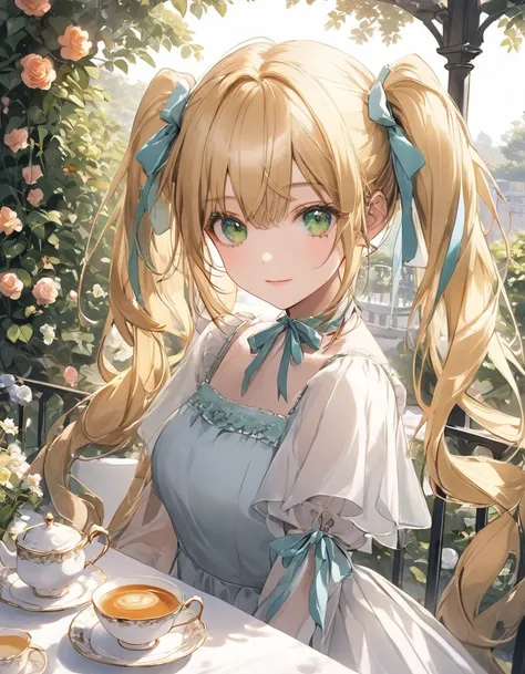  top quality、 girl、Blonde、 twin tails、 green eyes、 top quality、 dress、Garden Terrace、 teacups