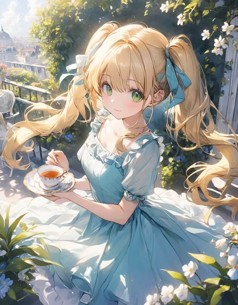  top quality、 girl、Blonde、 twin tails、 green eyes、 top quality、 dress、Garden Terrace、 teacups