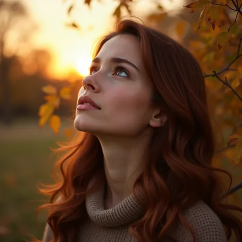 A realistic and detailed image of a beautiful woman with chestnut brown hair gazing up at the sky outdoors during autumn. She has a sad expression on her face, and the setting sun reflects in her eyes, creating a subtle glow in her pupils. The scene should...