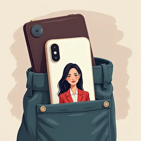 pocket。Smartphone。pocketにSmartphoneが入っている。An illustration of a secretary on the 。Smartphoneケースには秘書のシルエットのイラスト。 Overall illustration style