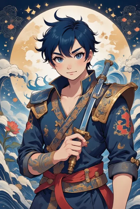 a young man, Holding a katana, Blade wave effect, moon.