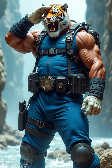 (A rugged beefy extremely muscular bulky old man), (wearing blue wetsuit), (wearing realistic roaring tiger mask), saluting,  wearing bulky scuba gear, muscular physique, toned muscles, fierce, heroic, action, comic artstyle, bulky best quality, wearing wh...