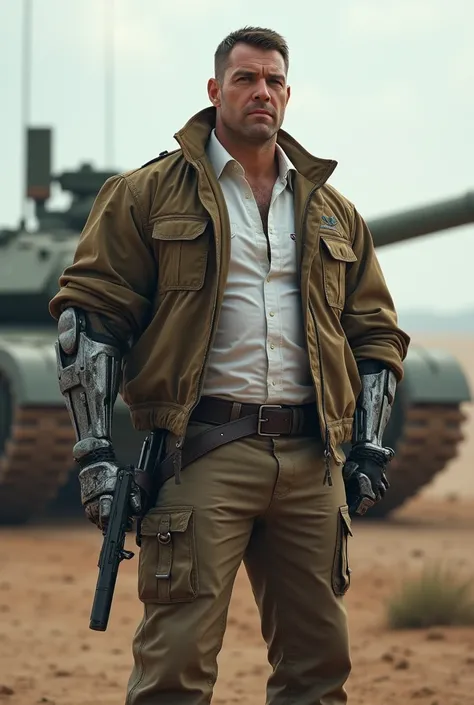 Big  strong man,Muscular, robotic left arm ,barba, short hair,Background a military base , wearing only pants and a military boot,by the bodies,left eye and blind , realistic a futuristic war tank in the background along with a military base, a pistol arou...