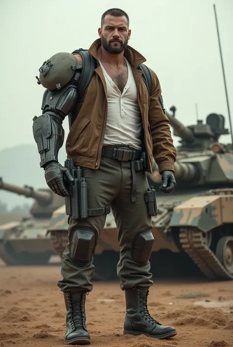 Big  strong man,Muscular, robotic left arm ,barba, short hair,Background a military base , wearing only pants and a military boot,by the bodies,left eye and blind , realistic a futuristic war tank in the background along with a military base, a pistol arou...