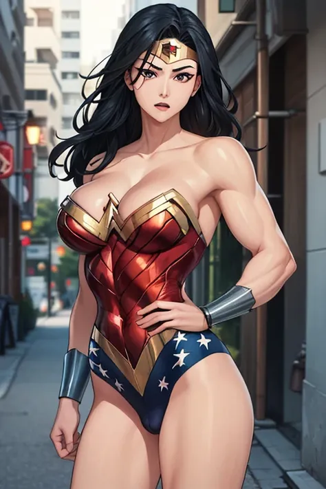 (    top quality ), (Overall view)  Back Alley,  Japanese with a cool and handsome face Beautiful Sexy Young Host 18 years old,Wonder Woman 18 years old,  toned and muscular ,  cool and handsome face ,, Hair long enough to hide one eye,  The crotch is swol...