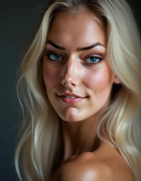 full color portrait of woman, (oiled shiny skin:2.0), (slick undercut hair:1.0), masterpiece, best quality, sharp focus, highres 8k uhd, ultra-detailed, rim light, deep grey background, very long blond hair and deep blue eyes. (masterpiece:1.2, of the high...