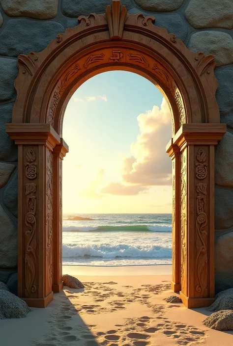 A wooden portal with carved letters, open portal, beach landscape inside the portal, detailed architecture, beautiful sky, waves crashing on the shore, sunlight filtering through the portal, golden hour lighting, photorealistic, 8k, ultra-detailed, masterp...