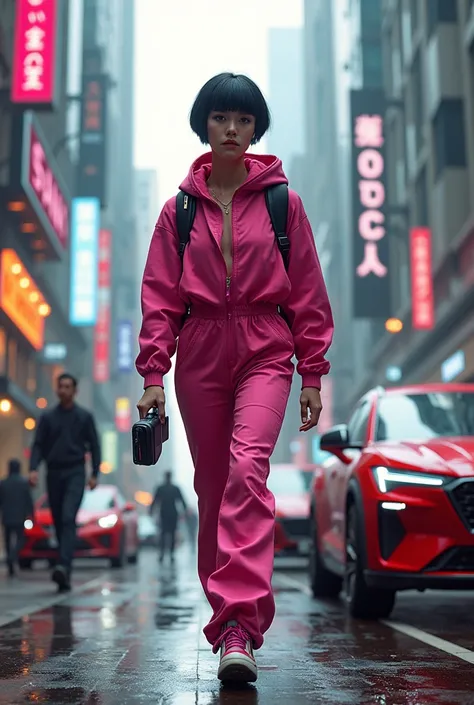 Women with dark short hair in pink clothes traveling in cyberpunk city and the red Haval car beside her