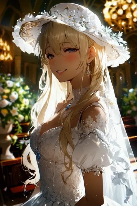 bride with bouquet 、Looks very happy、smile、 pure white prom dress、 church、 long hair, Blonde,  high definition ,  top quality,  high detail on shirt and hat , chest, 