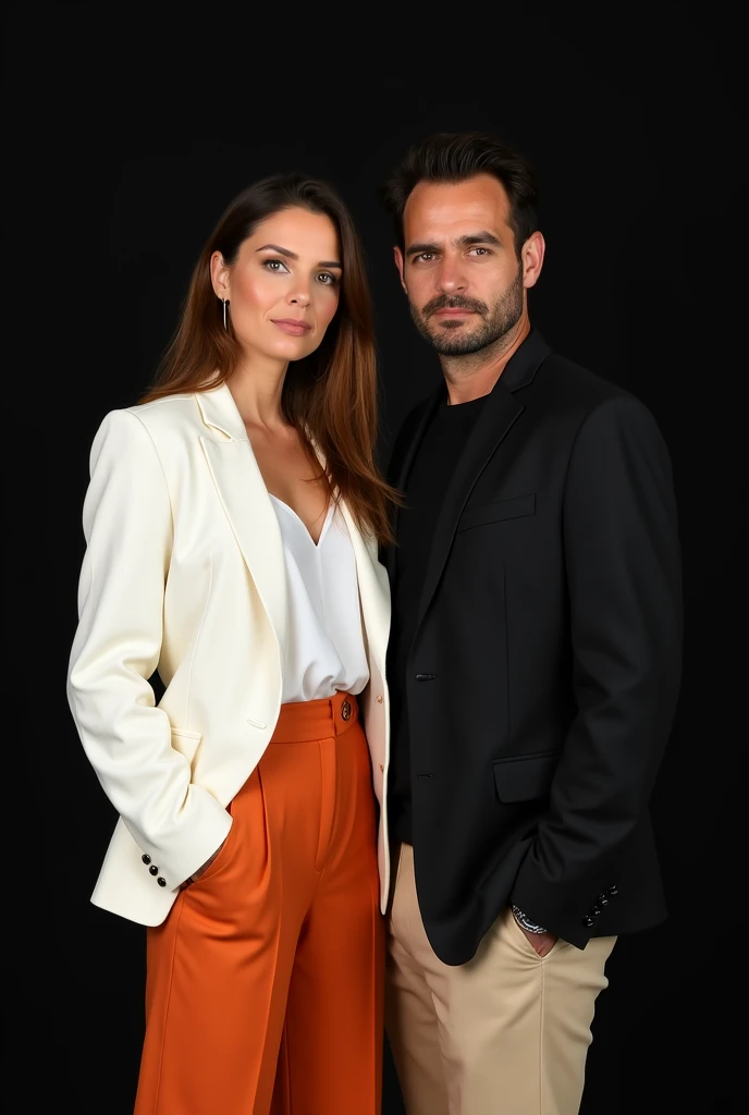 " A man and a woman posing together against a black background .  The woman is on the left ,  wearing a white blazer over a white blouse and wide orange pants.  your hair is long and brown ,  brushed to the side .  She is looking directly at the camera wit...