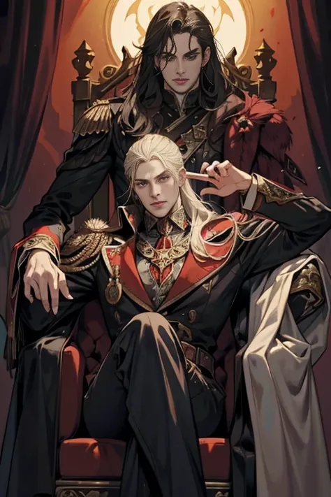 Castlevania Shadow Lord Handsome Lord Muscular Dracula Chatting in Throne Room with Male Advisors Around Him Surreal Ultra Detailed Dynamic Poses Ultra Detailed Faces Surreal Ultra Detailed Scene Epic Legend Perspective Environment