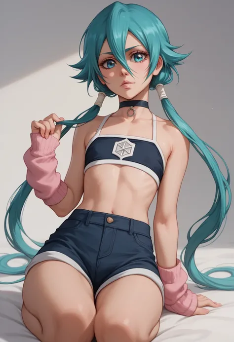 Otsutsuki celestial being (Bleach) with long turquoise hair tied in two low pigtails with hair between eyes and expressive soft large turquoise eyes. Loli flat chest. White PALE skin. She wears a blue shirt, choker, pink warmers and blue shorts.