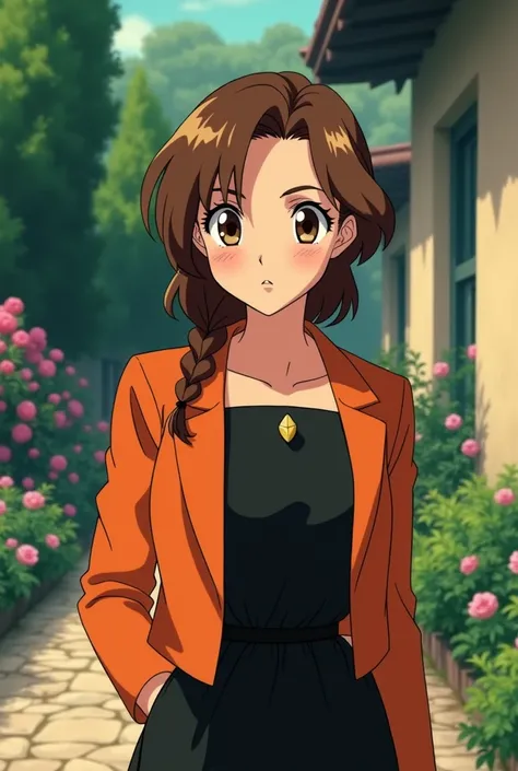 ((best quality)), perfect face, The image is a screenshot from anime "Street Fighter" Japanese animation from the 1990s. A pretty medium-skinned Italian shy young woman, has brown hair with low braid, has brown eyes. wears an outfit orange jacket, her dres...