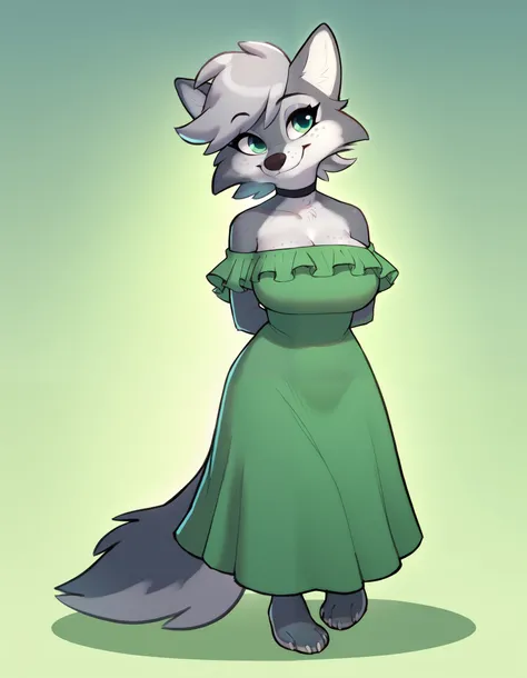 score_9, score_8_up, score_7_up, naturalhabitok, toony, SirocStyle BREAK, female, furry, solo, wolf, grey fur, freckles, short silver hair, swept bangs, big breasts, green eyes, frilled green dress, off shoulder, smile, choker, head tilt, forest background...