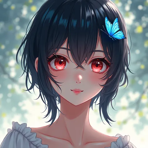 Pretty anime woman with black hair or short hair or pony hair and red eyes with blue butterfly
