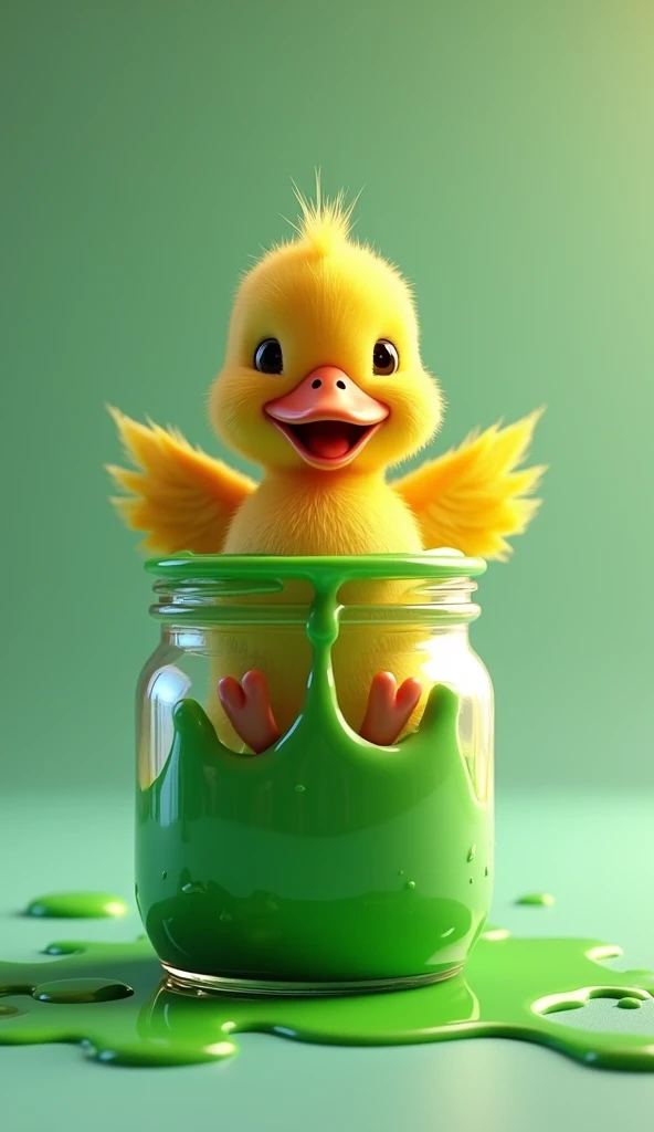 in 3D,
An animated little red duckling inside a jar of green paint,  with drops of ink splashing around . Green ink is shiny and reflects light ,  while the duckling is happy ,  with its wings raised and a smile on its beak . Colored background and ,  with...