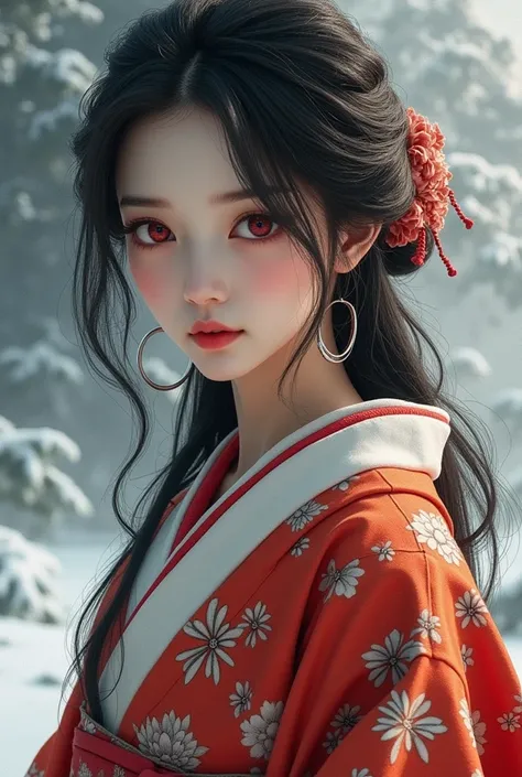 a beautiful girl in a traditional japanese kimono, porcelain skin, mesmerizing red eyes, mysterious smile, long disheveled black hair, simple silver background, snow landscape, (best quality,4k,8k,highres,masterpiece:1.2),ultra-detailed,(realistic,photorea...