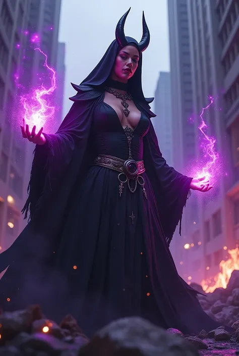 Rihanna : The evil nun, Demon horn, Demon wings on the head , sexy robe de nonne, Powerful bolts of destructive purple energy shoot out of his hands, His powerful magic hits the buildings of a destroyed city , Satanic, detailled eyes, detailed hands