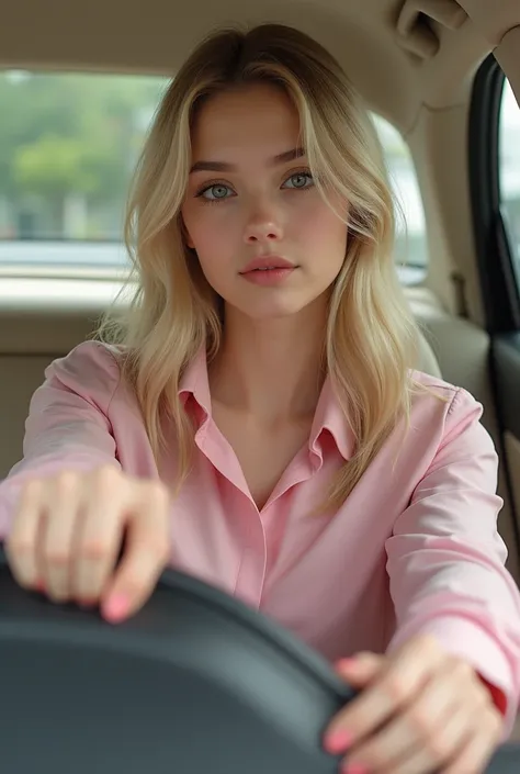 An 18-year-old girl ,  blond hair , medium hair,  White skin color,  high quality ,  high resolution ,  hair budget , smallest details, maximum realism, Tirando uma selfie, dentro de um carro com o interior da cor beje da marca AUDIO, interior da cor bege,...