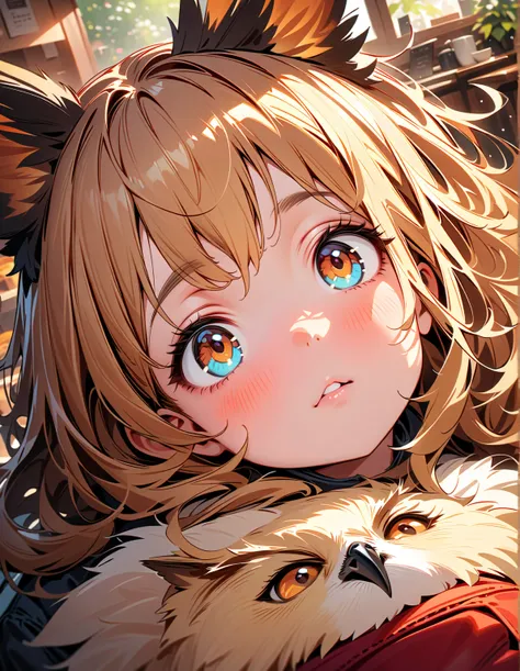  Masterpiece  , 最 High Quality , very aesthetic,  absurd, up to date, close-up of owl lying on girls head,  beautiful detailed eyes,  beautiful detailed nose,  giant wild owl ，  extremely detailed coat , Fluffy, Adorable,  playful , Curious expression ,   ...