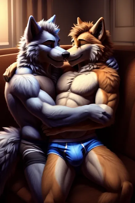 Digital Artwork, Anthro, Animal, Furry, Fluffy, Wolf, Male, Gay, Duo, Couple, Sensual, Sweet, Cuddling, Snuggling, Sexy, Crotch Grope, Briefs, Undies, Bulge