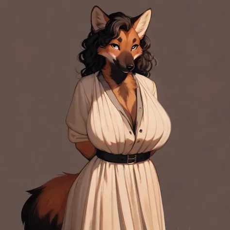 By meesh, by bebebebebe, by spuydjeks, by mellonbun, solo, female, standing, canine, (snout, wavy hair), smiling, looking at viewer, hands behind back, big breasts, maned wolf, (designer clothes, armani)