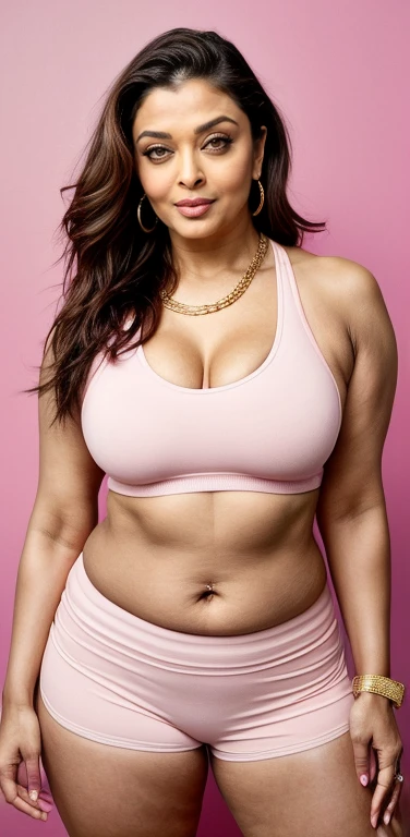 Full shot of sexy mature milf ,aishwarya rai wearing a pink color sports bra and  tight shorts ,white background,posing for pic ,wearing a gold waist chain, fleshy figure,cougar lady , extremely gorgeous, thick figure, heavy physique, voluptuous, curvy, se...