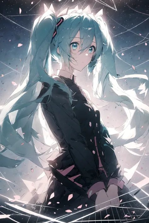 1girl,best quality,masterpiece,anime,hatsune_miku,twintails,starry sky,aqua eyes,(arms behind back),upper body , cyan hair, pretty details, vocaloid , beautiful, pretty background details: like broken glass, like petals, clean,  line art 