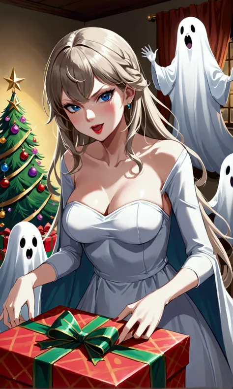 Taylor swift (role of an evil ghost, long nasty hair, hungry visage, pallor skin, saggy breasts) lurks behind a happy family opening their Christmas gifts, she is hungry for the little gir
