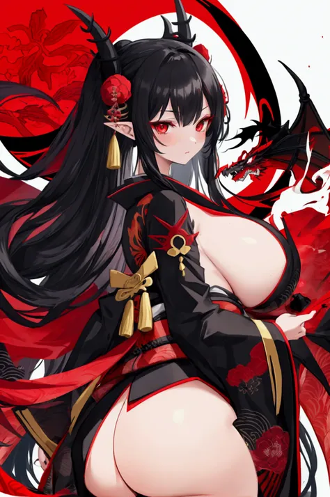 A dragon best woman who have big boobs big ass long black hair red eyes and she have a kimono with red black and white colours combination 