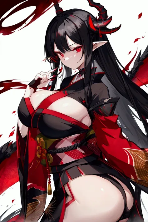 A dragon best woman who have big boobs big ass long black hair red eyes and she have a kimono with red black and white colours combination 