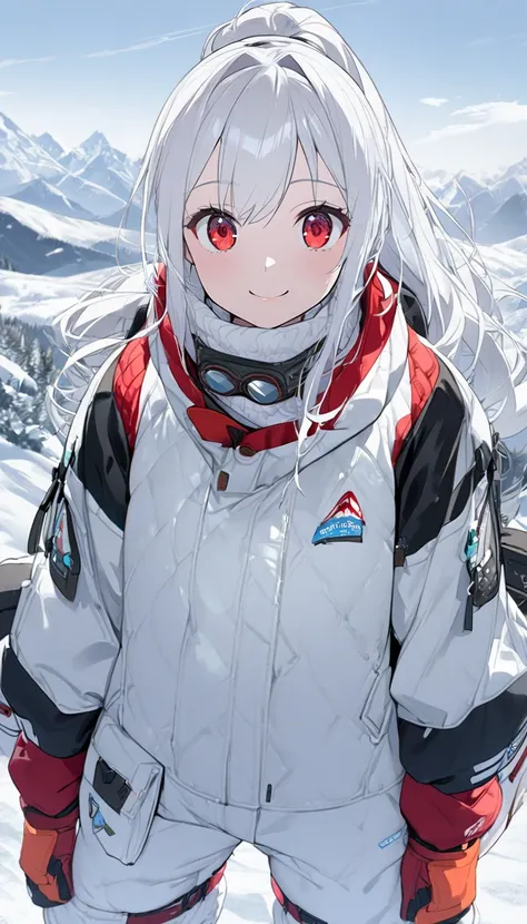  1 girl 、White Hair、Red Eyes、smile、 ponytail、jumper、goggles、snow、Mountain、winter、Mysterious