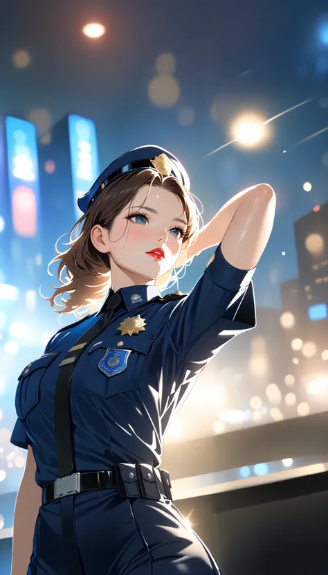 Alone, ( police uniform,  Female police officer ),  stockings, Citylights, ( watching the audience: 1.3),  Theulder Armther ,  red lips, shiny skin,  dents on the skin ,  top quality,  super high resolution, ( realism: 1.4),  