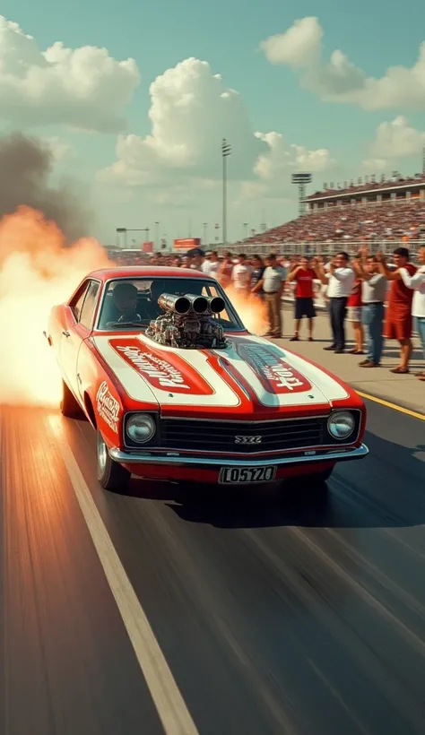 A dramatic shot of a funny car built by the Ramchargers, speeding down the drag strip during an NHRA event in the 1960s, with intense motion blur, fire from the exhaust, and the crowd cheering in the background.