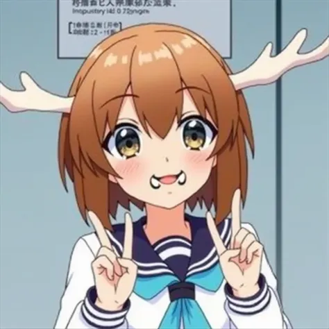 A girl named Nokotan ,  she has deer antlers and school clothes,Lightened brown hair, Cat&#39;s Mouth, ,anime art.