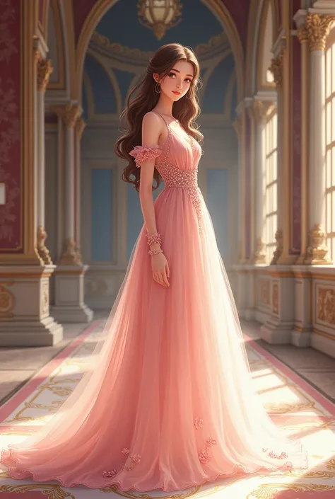 Webtoon art 19 years old cute girl wearing long gown light pink in castle 